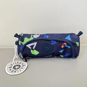 Kipling Cute Pencil Pouch Navy Geometric with Monkey Charm NWT